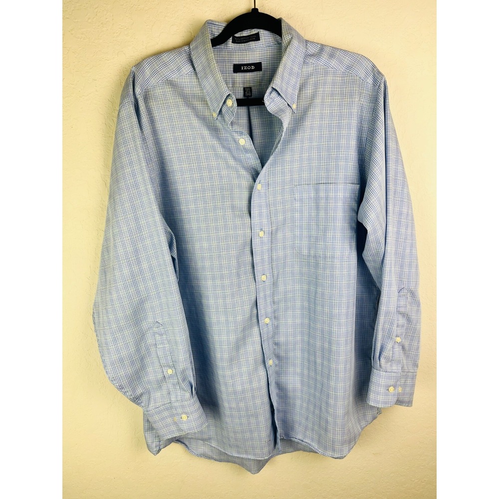IZOD‎ Men's Slim Fit Long Sleeve Dress Shirt Large 16 1/2 32/33 Blue Plaid Twill